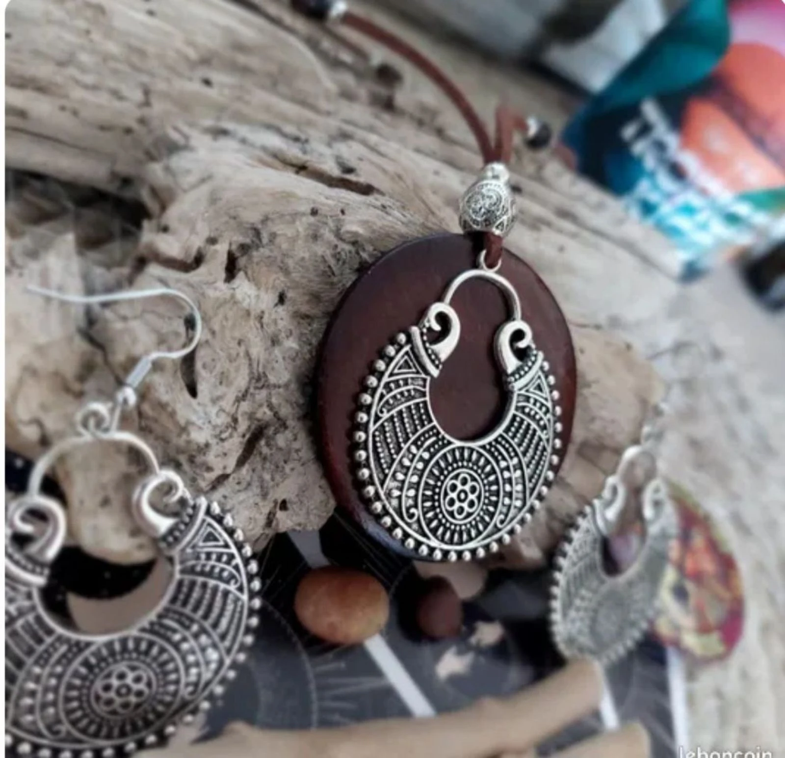 Conjunto boêmio étnico de círculo, madeira chocolate, colar longo com várias contas – photo 3